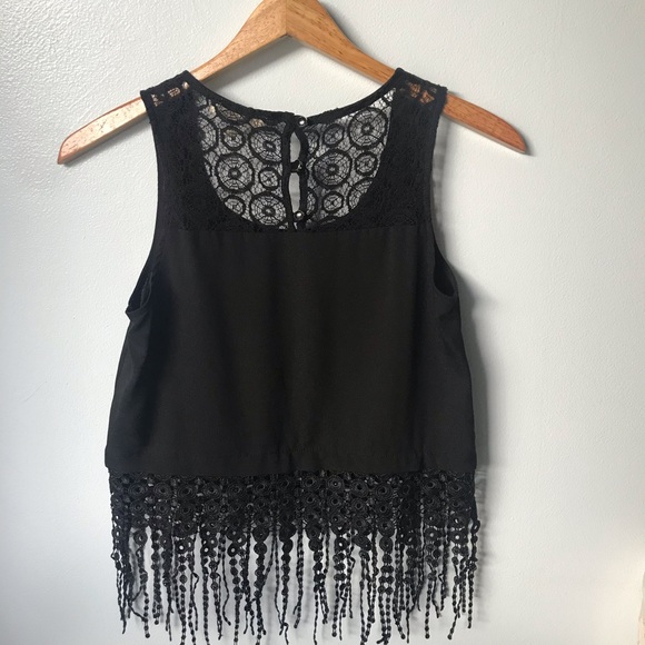 Monteau Fringe Lace Crop Top Black Extra Small - Picture 3 of 6